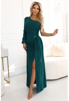 658-2 Połyskująca brokatowa sukienka maxi na jedno ramię z asymetrycznym rękawem i rozcięciem - butelkowa zieleń