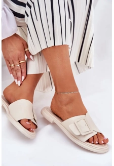 Dámské kožené pantofle s přezkou D&A – béžové