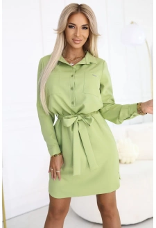 284-3 CAMILLE Koszulowa sukienka z kieszeniami i wiązaniem - OLIWKOWA
