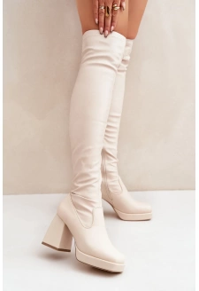 Dámské kozačky za koleno na sloupkovém podpatku Sanniraen – světle béžové, eko zamsz