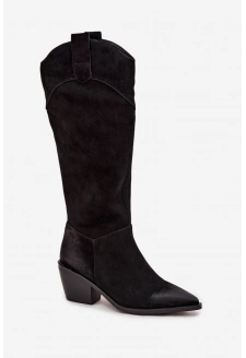 Dámské kozačky na podpatku z přírodní broušené kůže Artiker – černé