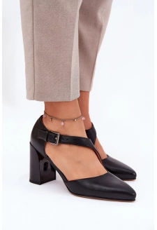 Dámské kožené lodičky na podpatku s ozdobnou sponou Vinceza – černé