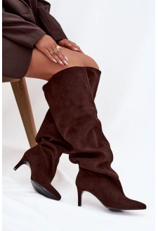 Dámské kozačky na jehlovém podpatku, vsuvné Mavilla – čokoládové