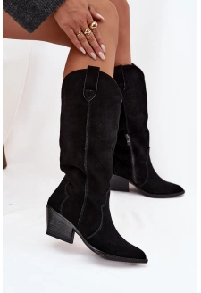 Dámské zateplené kožené semišové cowboy kozačky Urselle – černé