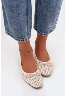 Dámské baleríny s pletením a mašlí Belirra – ecru