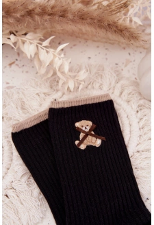 Bavlněné žebrované ponožky s medvídkem – černé