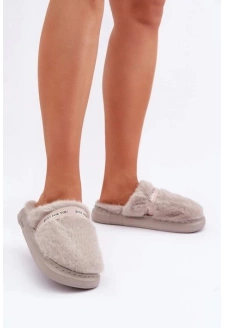 Futrzane Kapcie Z Ozdobnym Paskiem Szare Savalithea
