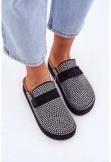 Dámské pantofle zdobené zirkony na platformě – černé Deorani