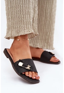 Dámské pantofle na plochém podpatku s mašlí – černé Sallariela