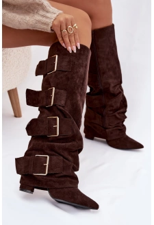 Dámské kozačky na sloupku a zlatými přezkami – čokoládové Isavelle