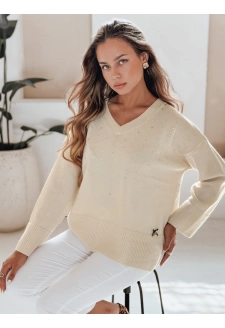 Damski sweter z dekoltem V VERALIA ecru Dstreet MY2517