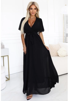 545-5 Długa sukienka z plisowanym dekoltem i wiązaniem - CZARNA