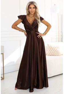 411-15 CRYSTAL satynowa długa suknia z dekoltem - czekoladowa