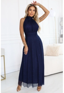 Luxusní dlouhé šaty VERONICA  s brokátovým akcentem a elegantním střihem - tmavě modrá
