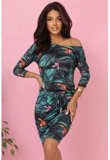 13-166 Sukienka sportowa z kieszonkami i wiązaniem - liście 3D