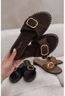 Dámské pantofle na plochém podpatku se zlatou přezkou Selivelle – čokoládové