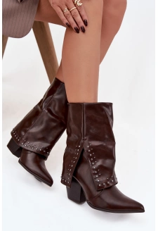 Dámské zateplené kotníkové „kovbojky“ s vyhrnutou cholewkou a zdobením – čokoládové Inessia