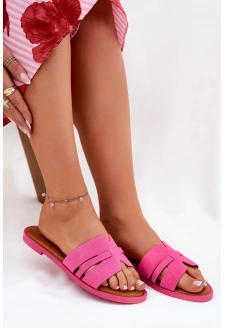 Dámské pantofle na nízkém podpatku s výřezy z eko semiše – fuchsiové Teterre