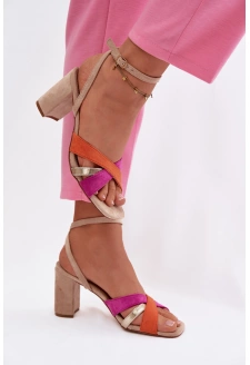 Dámské sandály na sloupkovém podpatku s pásky z eko semiše Karilora – béžové