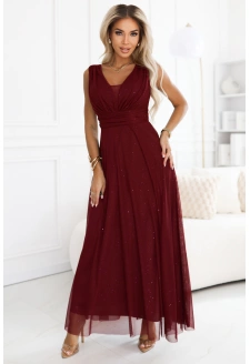 637-1 Wieczorowa długa sukienka z brokatowym akcentem i głębokim dekoltem - bordowa