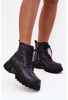 Dámské kožené botky na platformě Artiker – tmavě modré