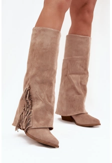 Dámské nazouvací kovbojky Zalia na sloupkovém podpatku s třásněmi – béžové