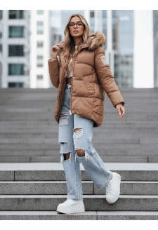 Kurtka damska zimowa pikowana z kapturem kamelowa Dstreet TY5508