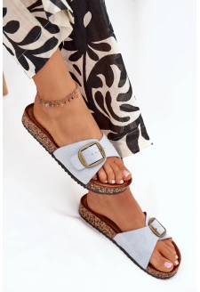 Dámské pantofle s přezkou na korkové platformě – modré Zavira