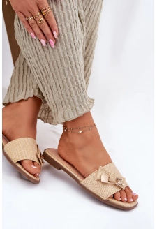 Dámské pantofle na nízkém podpatku s mašlí – béžové