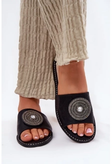 Dámské pantofle na nízkém podpatku s ozdobou S.Barski – černé