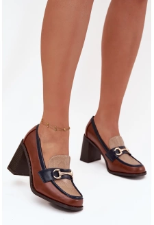 Dámské polobotky na sloupku s ražbou a zlatým detailem Novella – béžovo/hnědé