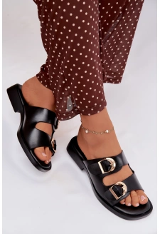 Dámské pantofle se zlatými přezkami – černé Danelle