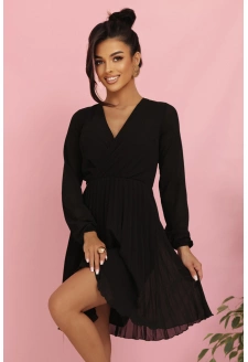 313-17 ISABELLE Polska plisowana sukienka z długim rękawem i dekoltem - CZARNA