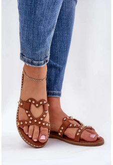 Dámské zdobené ploché pantofle – camel Adivrae