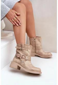 Dámské Kožené Kotníkové Boty Na Nízkém Bloku Podpatku S Pásky Zazoo 3644 Béžové