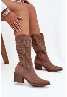 Dámské perforované kozačky Olivette – kovbojky na podpatku – tmavě béžové