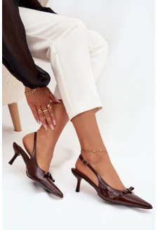 Dámské lakované lodičky na jehlovém podpatku s mašlí Olvena – čokoládové