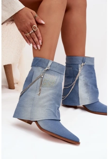 Dámské kotníkové boty na sloupkovém podpatku s řetízkem – džínové Ilyana