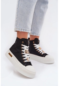 Dámské plátěné tenisky na platformě s ozdobnými připínkami – černé Gracella