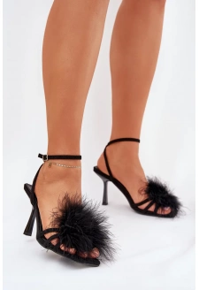 Dámské sandály na jehlovém podpatku s peřím Xaliope – černé