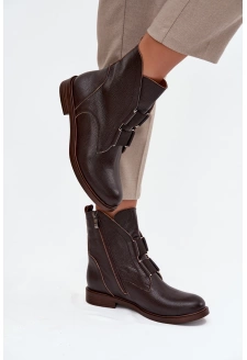Dámské kotníkové boty z přírodní kůže na plochém podpatku Zazoo – čokoládové