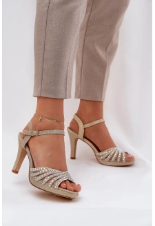 Dámské sandály na jehlovém podpatku se zdobením a brokátem D&A – zlaté