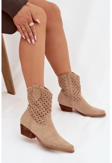 Dámské perforované kotníkové boty na podpatku – béžové Ferissa