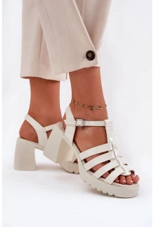 Dámské lakované kožené sandály na sloupku - světle béžové Vinceza