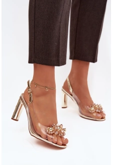 Dámské transparentní sandály s ozdobami na sloupkovém podpatku – zlaté