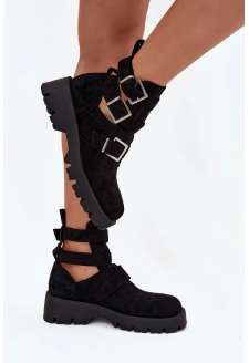 Dámské kotníkové boty s pásky a stříbrnými přezkami Helisse - černé
