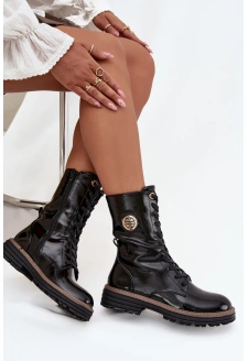 Lakované dámské workery s teplou podšívkou a zlatým detailem Dorialine – černé