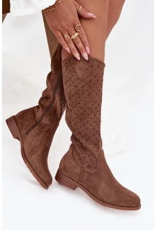 Dámské kozačky na plochém podpatku s prolamovaným vzorem S.Barski  – hnědé