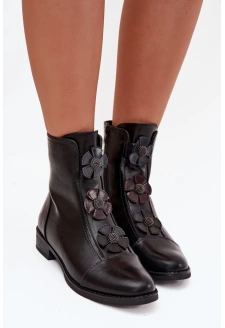 Dámské botky Pravienne – zateplené, na plochém podpatku, s květinovou ozdobou, černé