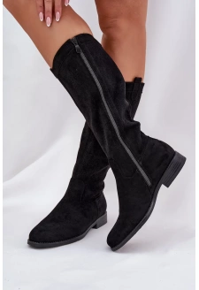 Dámské kozačky s perforovanou holení na nízkém podpatku S.Barski – černé, eko kůže